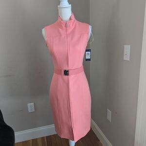 Pink Sleeveless Sheath Dress with Mock Neck